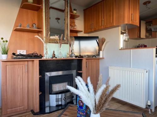 a kitchen with a fireplace and wooden cabinets at RBR 546 - Beach Resort Kamperland in Kamperland