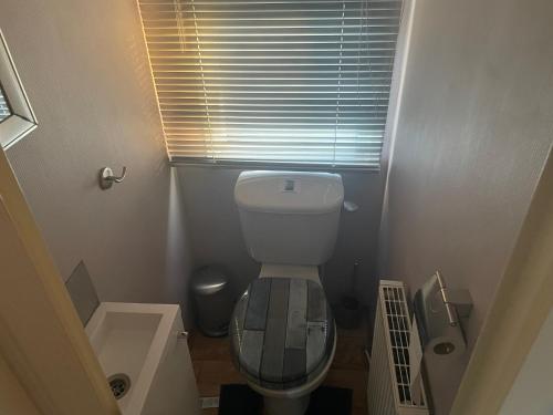 a small bathroom with a toilet and a window at RBR 546 - Beach Resort Kamperland in Kamperland