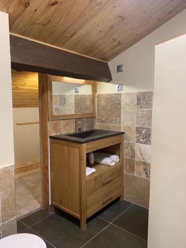 La salle de bains est pourvue d'un lavabo et d'un comptoir. dans l'établissement Chambre d'hôtes climatisée avec terrasse et spa, à Saint Alban Auriolles