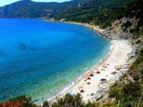 a beach with a bunch of chairs and the water at Affitti Brevi Toscana - In Centro a Porto Ercole in Porto Ercole