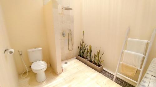 a bathroom with a toilet and a shower and a plant at Villa Atas Pelangi in Kuta Lombok