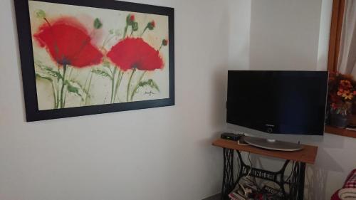 a television on a wall with a painting of red flowers at Casa delle Rose in Teglio