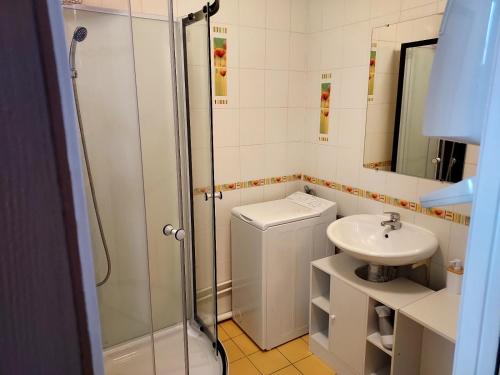 uma casa de banho com um chuveiro, um WC e um lavatório. em A 2 pas de la gare em Châlons-en-Champagne