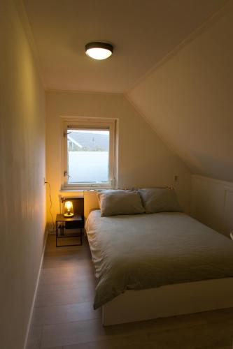 a bedroom with a large bed with a window at Luxurious Family Villa with sauna big garden and jacuzzi in Zeewolde