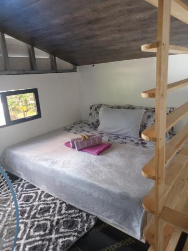 a bed in a room with a ladder at Tupi's Beachfront Minihouse in Bacungan
