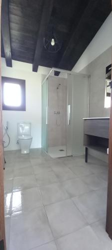 een badkamer met een douche, een toilet en een wastafel bij Casa Rural Raiztruf in Cinctorres