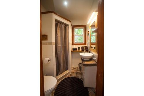 a small bathroom with a toilet and a sink at TropicalArts Resort&Studios in Bocas del Toro