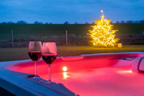 ゲーレン・レビンにあるVILLA MON BIJOU _ EG_Fewoのクリスマスの木があるバスタブに座ったワイングラス2杯