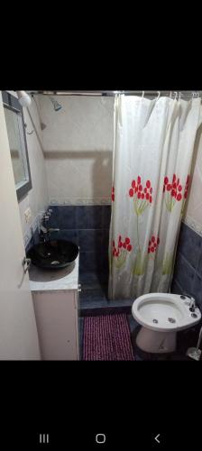 a bathroom with a shower curtain with a toilet and a sink at Departamento Familiar km3 in Comodoro Rivadavia