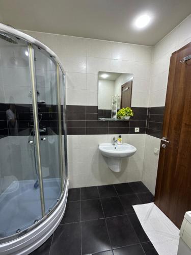 a bathroom with a sink and a shower at DL Apartment in Central Park M2 in Tbilisi City