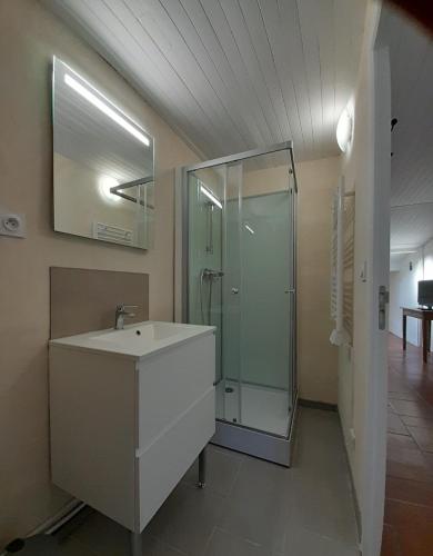 une salle de bain avec un lavabo et une douche en verre dans l'établissement le Cabanon perché, à Fournès