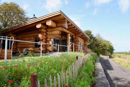 a log cabin with a fence in front of it at Aurora in Bushmills