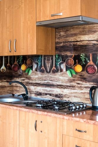 a stove top in a kitchen with wooden cabinets at Apartamenty Gorczańskie in Rabka