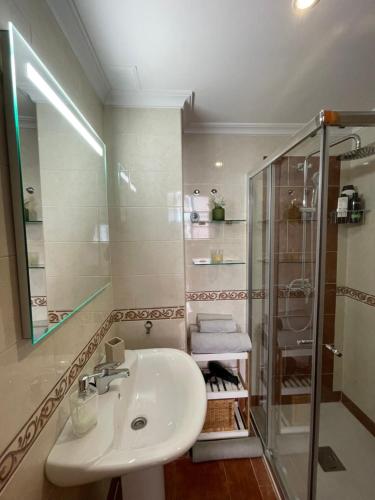a white bathroom with a shower and a sink at El 4 de la Calle Rojas in Toledo