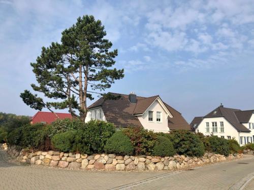 a row of houses with a tree and a stone wall at Appartement Louise in Wustrow