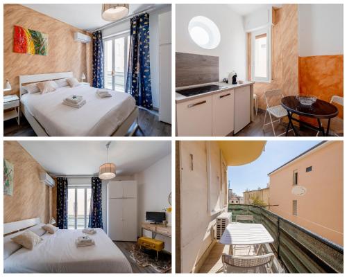 een hotelkamer met 2 bedden en een keuken bij Licia Home - Air conditioning - Terrace in Sanremo