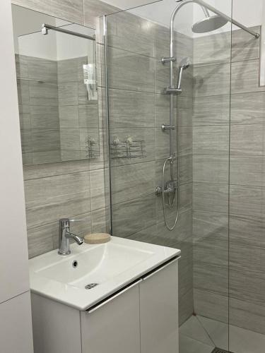 Un baño con lavabo y ducha de cristal. en Nid D amour, en Petit-Bourg