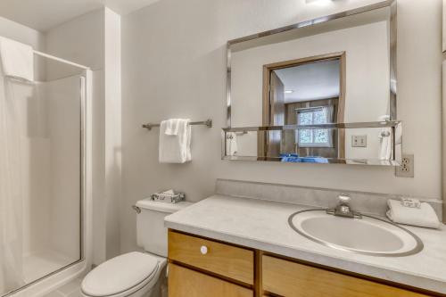 a bathroom with a toilet and a sink and a mirror at Mt View Lane 7 | Discover Sunriver in Sunriver