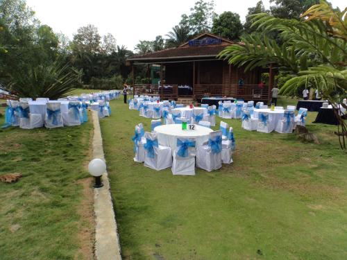 a row of tables with blue and white chairs at Jardim Botânico ME-ZOCHI in Vila Moura