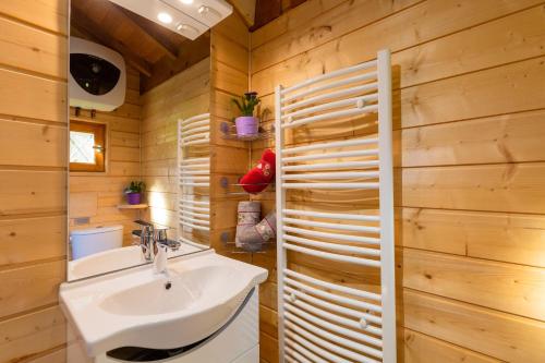 a bathroom with a sink and a wooden wall at Sauvage in Les Combes