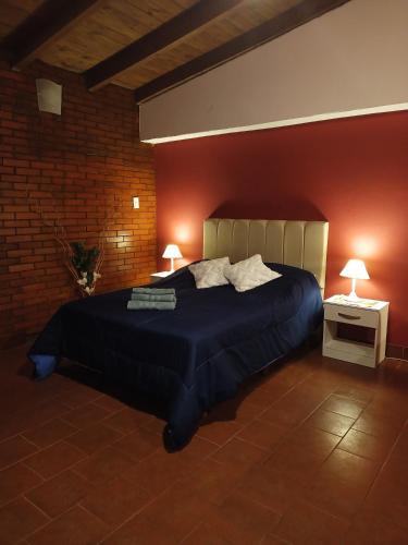 里奧格蘭德的住宿－La Ventura RG，一间卧室配有一张蓝色的床和红色的墙壁