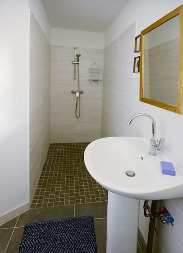 une salle de bain blanche avec un lavabo et une douche dans l'établissement La ferme du Chant de Cailloux, à Die