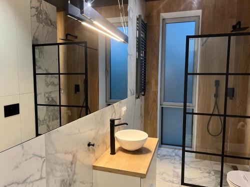 a bathroom with a sink and a shower at Modern Vero Apartments Yacht Park in Gdynia