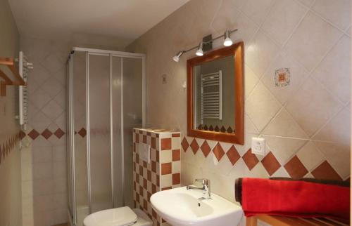 a bathroom with a sink and a toilet and a mirror at Petit nid douillet au coeur de SalvanLes Marécottes in Salvan