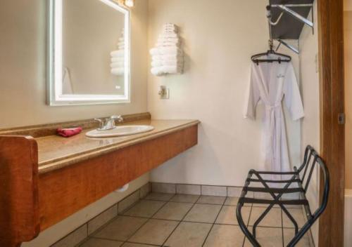 a bathroom with a sink and a mirror and a chair at Shady Acre Inn and Suites in Branson West