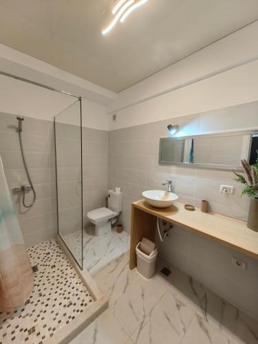 a bathroom with a shower and a sink and a toilet at ELLA by Complex Almar Luxury in Mamaia Sat/Năvodari