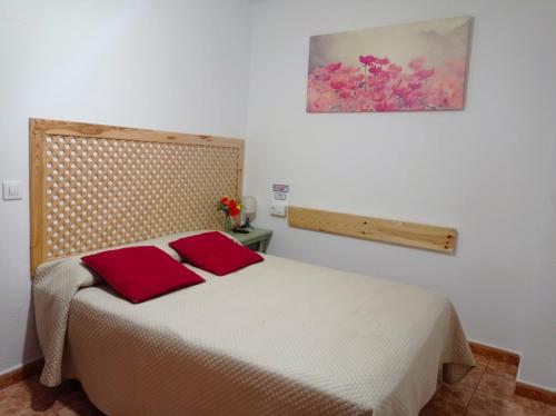 a bedroom with a bed with two red pillows on it at Hostal Buena Vista in Vejer de la Frontera