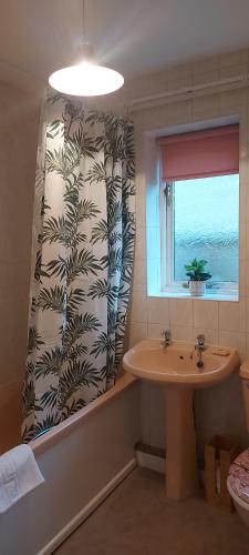 a bathroom with a shower curtain and a sink at The Bungalow 
