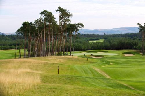 una vista de un campo de golf con árboles en el fondo en Golf Villa Stella s bazénom, en Šajdíkove Humence