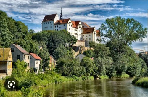 een groot gebouw op een heuvel naast een rivier bij Ferienwohnung am Schloss Colditz in Colditz