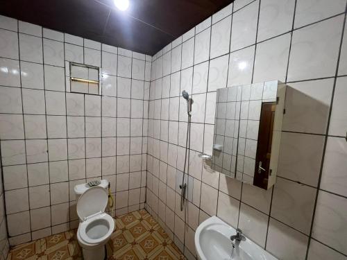 La salle de bains est pourvue de toilettes, d'un lavabo et d'un miroir. dans l'établissement TrierHouse, à Douala