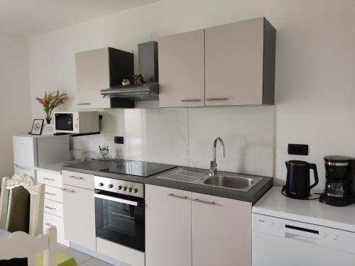 una cocina blanca con armarios blancos y fregadero en Apartman Ruza en Vela Luka