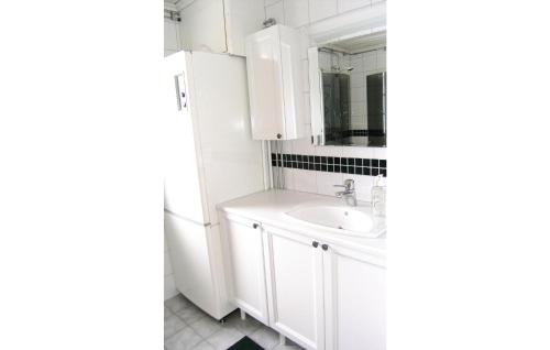 a white bathroom with a sink and a mirror at Beautiful Home In Svsj With 3 Bedrooms And Wifi in Gistingstorp