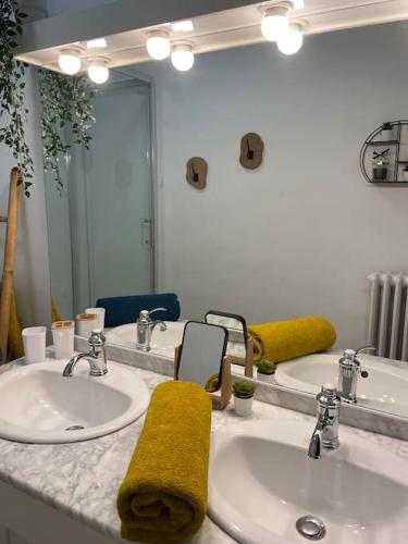a bathroom with two sinks and a mirror at le gite de Justine et Agathe in Verdun-sur-Meuse