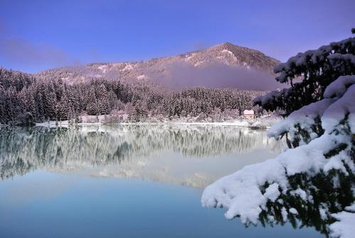 a lake covered in snow with a mountain in the background at Gasthof Fischerwirt in Zeutschach