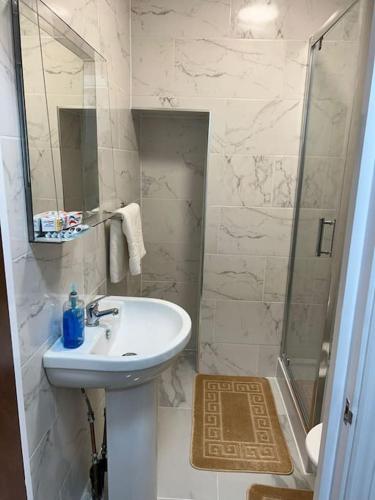 uma casa de banho branca com um lavatório e um chuveiro em 008- S2Premium location studio apartment central London em Londres
