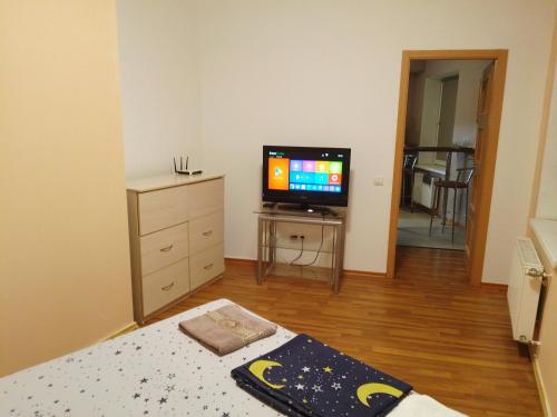 a room with a tv and a bed in a room at Смарт квартира на победе in Dnipro