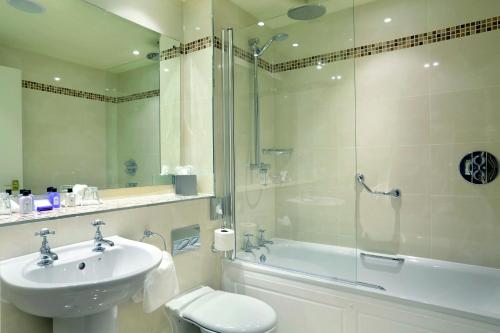 La salle de bains est pourvue d'un lavabo, d'une douche et de toilettes. dans l'établissement Macdonald Aviemore Hotel at Macdonald Aviemore Resort, à Aviemore
