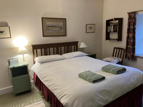 sypialnia z dużym łóżkiem i dwiema poduszkami w obiekcie Fawber Cottage w mieście Horton in Ribblesdale