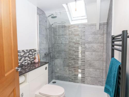 a bathroom with a shower and a toilet at Anvil Cottage in York