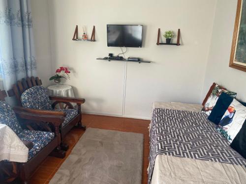 uma sala de estar com duas cadeiras e uma televisão na parede em Pousada Apartamento loft Braga em Cabo Frio