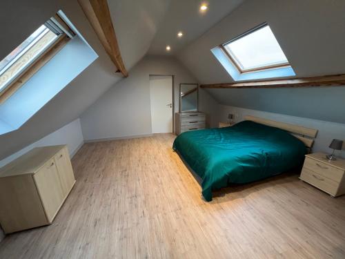 a bedroom with a green bed in a attic at Ruim app. met grote garage in Ypres