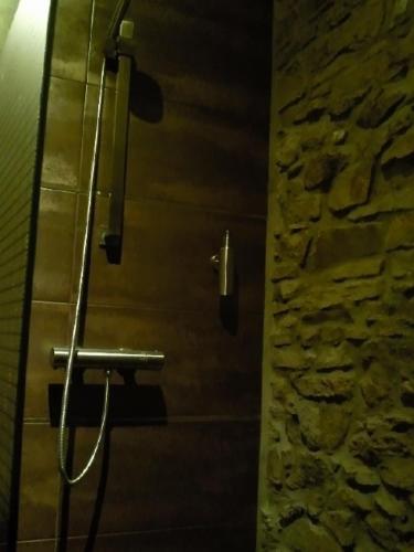 a shower stall in a bathroom with a stone wall at La Fiole Ambiance in Ferrières