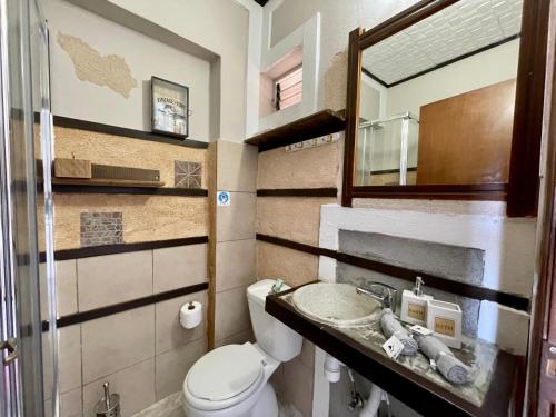een badkamer met een toilet, een wastafel en een spiegel bij Efi studios in Kardamaina