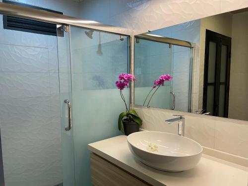 La salle de bains est pourvue d'un lavabo et d'une douche en verre. dans l'établissement Fare Luna - Comfy New home in Bora Bora, à Bora Bora