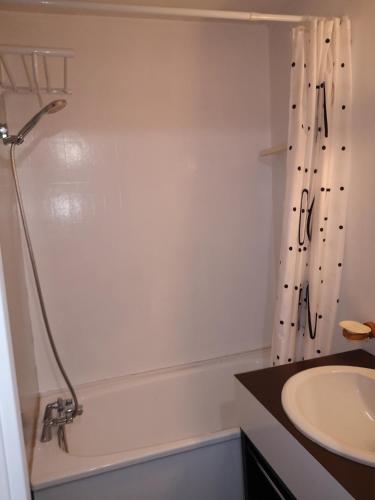 une salle de bain avec une baignoire, un lavabo et une douche dans l'établissement Mon petit nid à la montagne, à Cauterets